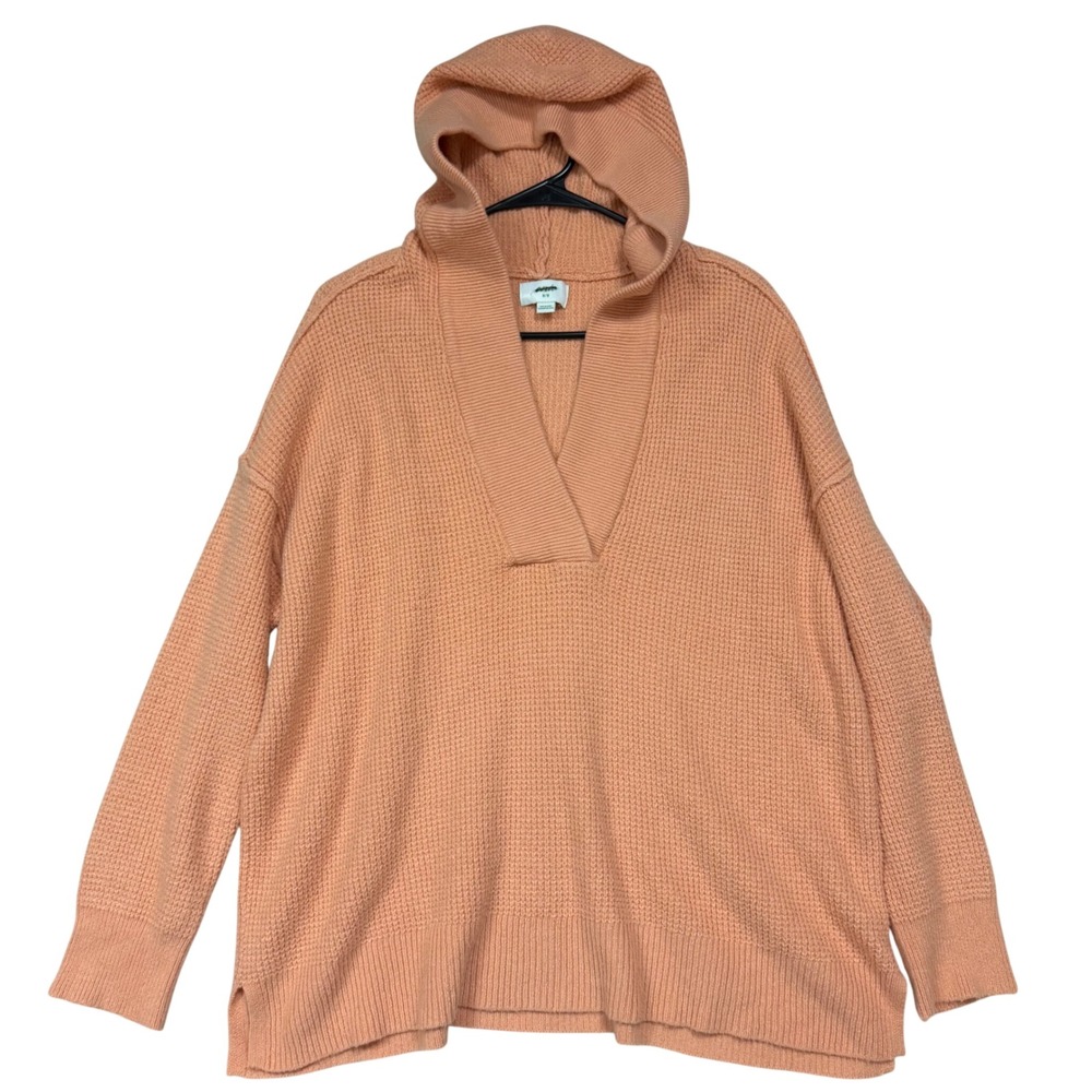 Aerie Waffle Knit Sweater Hoodie Peach Coral V-Neck Oversized Pullover Medium M